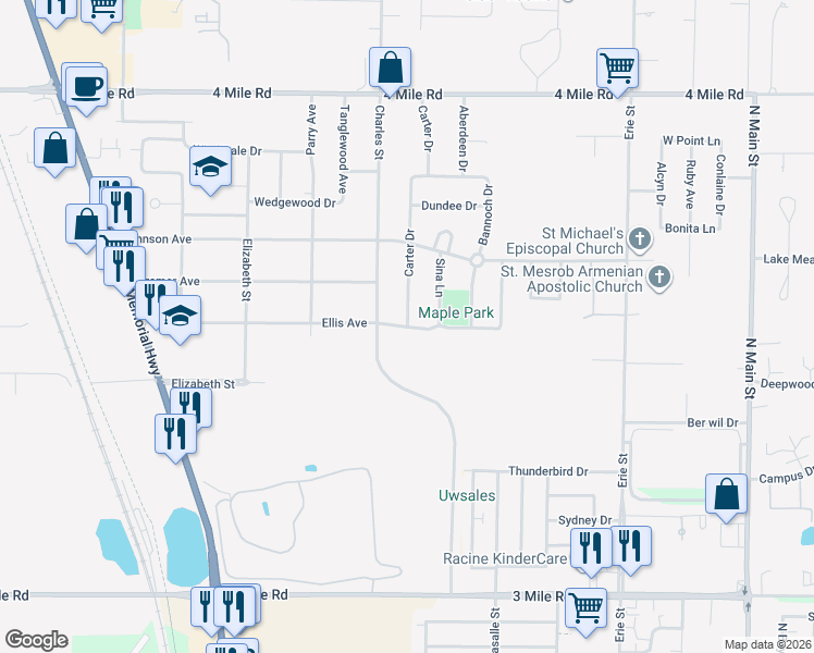 map of restaurants, bars, coffee shops, grocery stores, and more near 3652 Carter Drive in Racine
