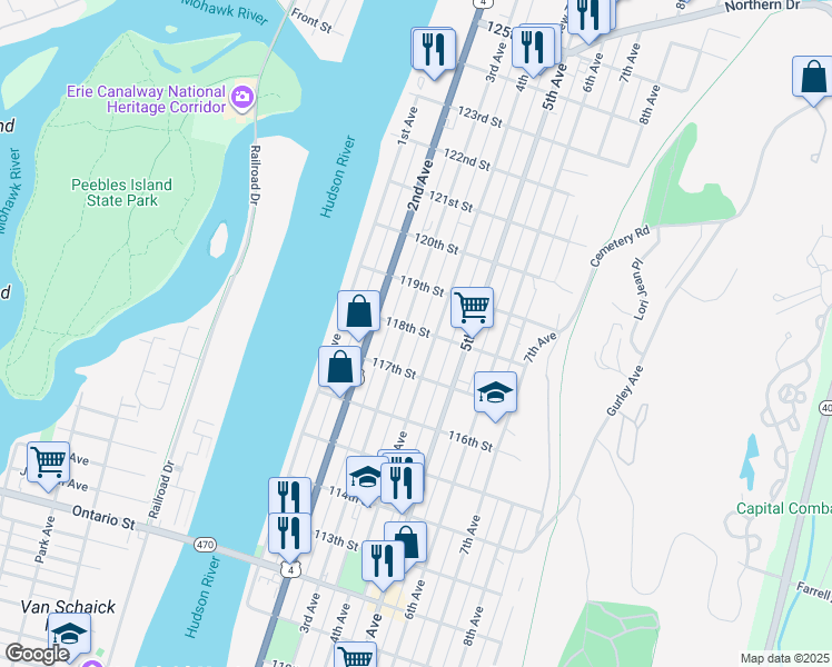 map of restaurants, bars, coffee shops, grocery stores, and more near 678 3rd Avenue in Troy