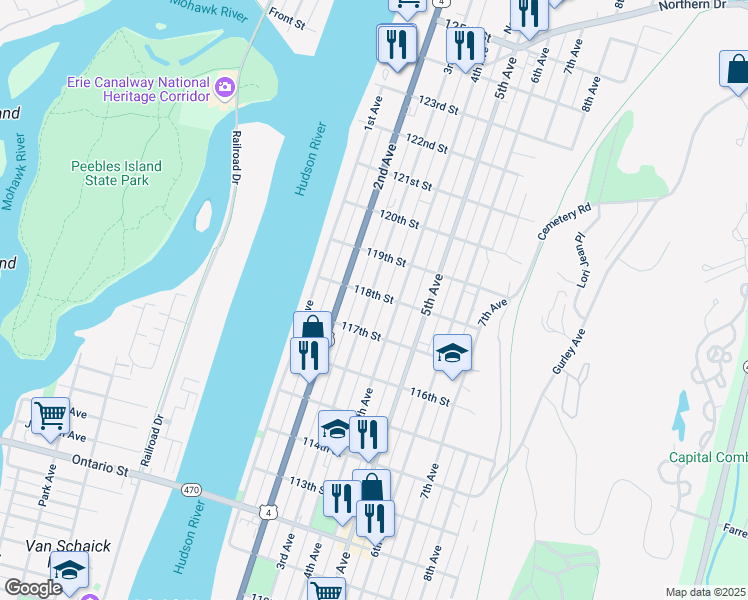 map of restaurants, bars, coffee shops, grocery stores, and more near 678 3rd Avenue in Troy