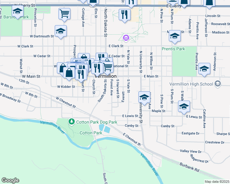 map of restaurants, bars, coffee shops, grocery stores, and more near 1-99 Forest Avenue in Vermillion