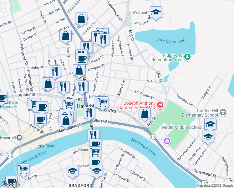 map of restaurants, bars, coffee shops, grocery stores, and more near 86 Summer Street in Haverhill