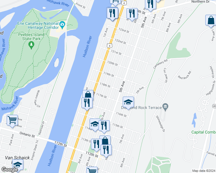 map of restaurants, bars, coffee shops, grocery stores, and more near 22 118th Street in Troy