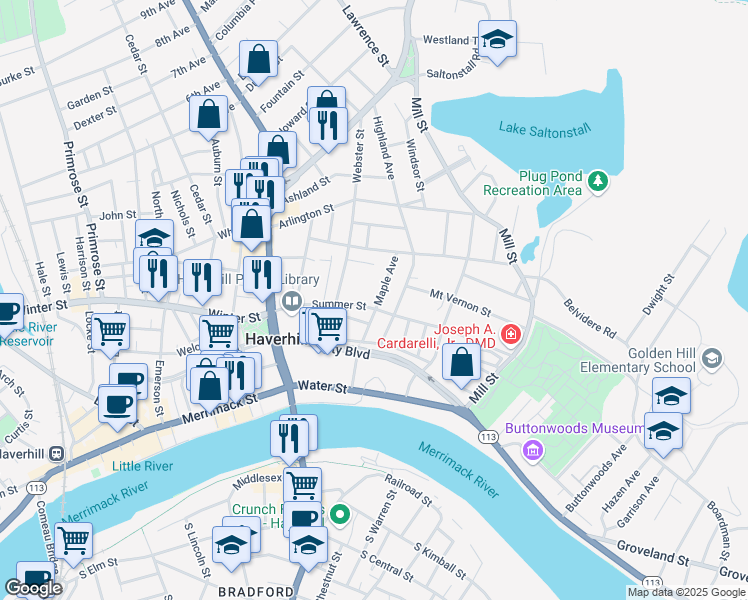 map of restaurants, bars, coffee shops, grocery stores, and more near 76 Summer Street in Haverhill