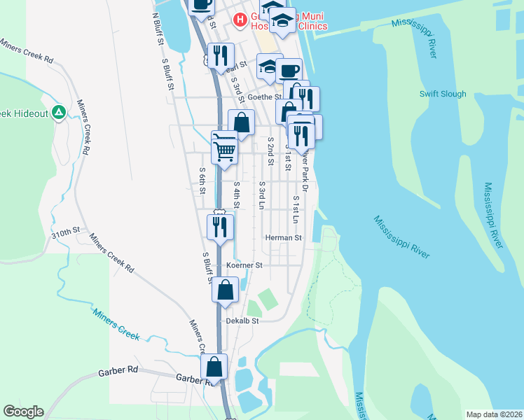 map of restaurants, bars, coffee shops, grocery stores, and more near 800 South 3rd Lane in Guttenberg