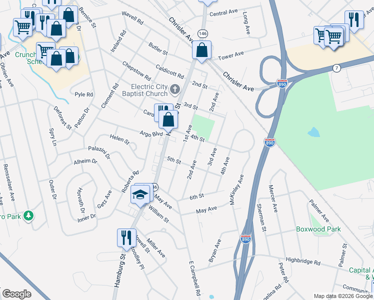 map of restaurants, bars, coffee shops, grocery stores, and more near 2510 1st Avenue in Schenectady