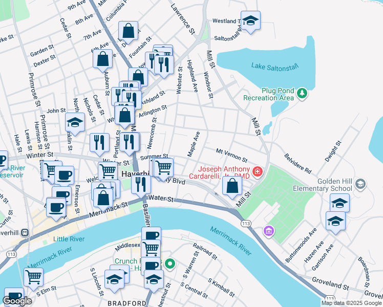 map of restaurants, bars, coffee shops, grocery stores, and more near 5 Maple Avenue in Haverhill