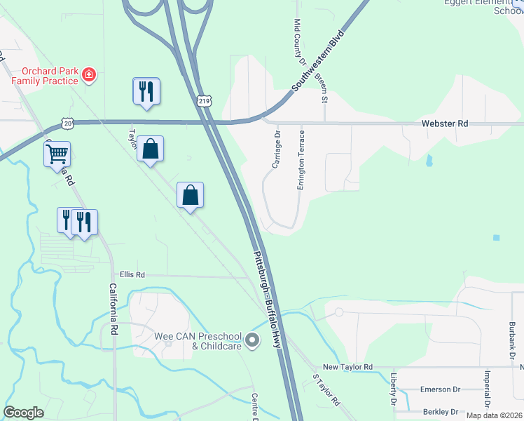 map of restaurants, bars, coffee shops, grocery stores, and more near 75 Carriage Drive in Orchard Park