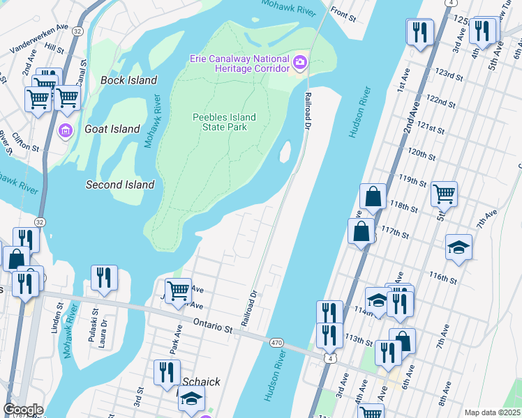 map of restaurants, bars, coffee shops, grocery stores, and more near 100 Waters View Circle in Cohoes