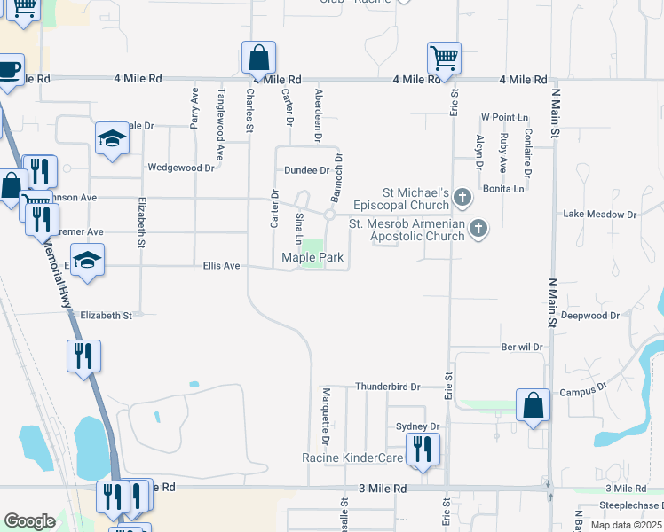 map of restaurants, bars, coffee shops, grocery stores, and more near 4542 La Salle Street in Racine