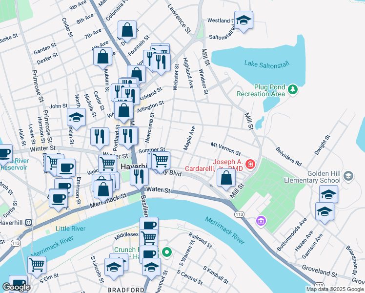 map of restaurants, bars, coffee shops, grocery stores, and more near 76 Summer Street in Haverhill