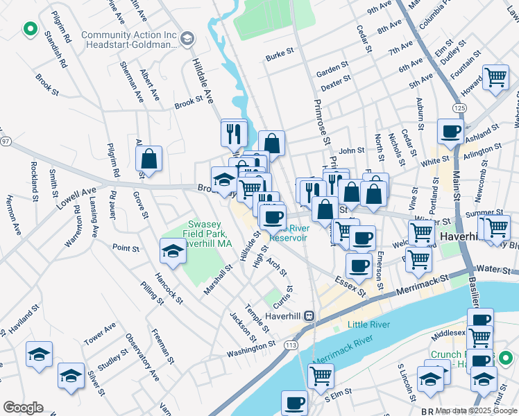 map of restaurants, bars, coffee shops, grocery stores, and more near 1 Granville Court in Haverhill