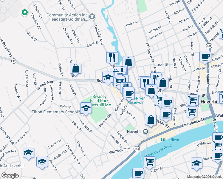 map of restaurants, bars, coffee shops, grocery stores, and more near 21 Hilldale Avenue in Haverhill
