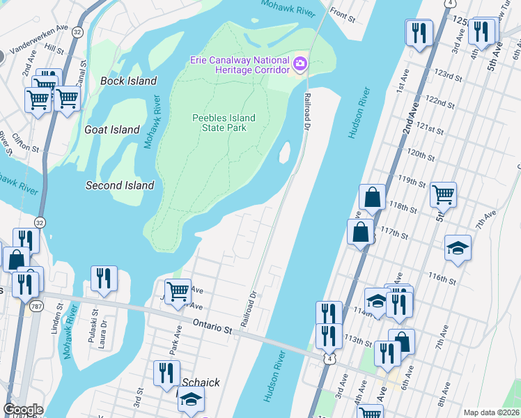map of restaurants, bars, coffee shops, grocery stores, and more near 100 Waters View Circle in Cohoes