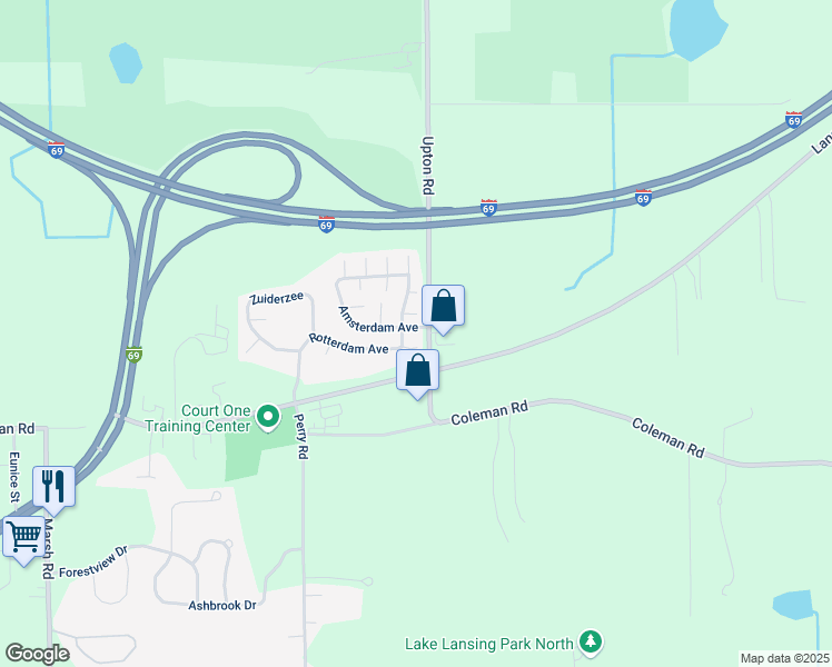 map of restaurants, bars, coffee shops, grocery stores, and more near 133 Amsterdam Avenue in East Lansing