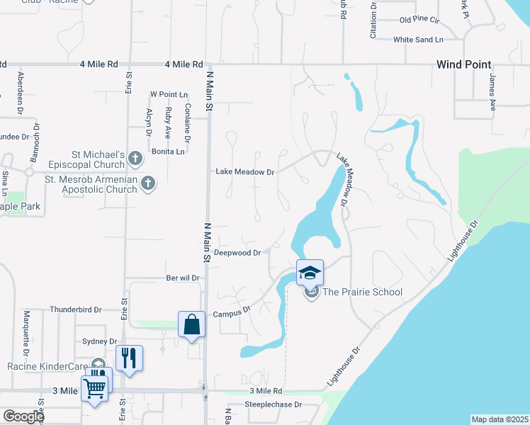 map of restaurants, bars, coffee shops, grocery stores, and more near 9 Sandalwood Court in Wind Point