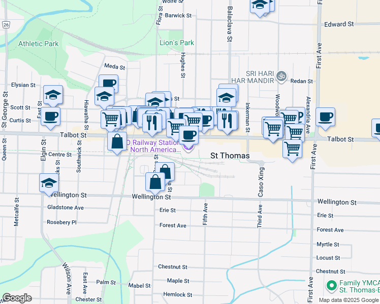 map of restaurants, bars, coffee shops, grocery stores, and more near 750 Talbot Street in Saint Thomas