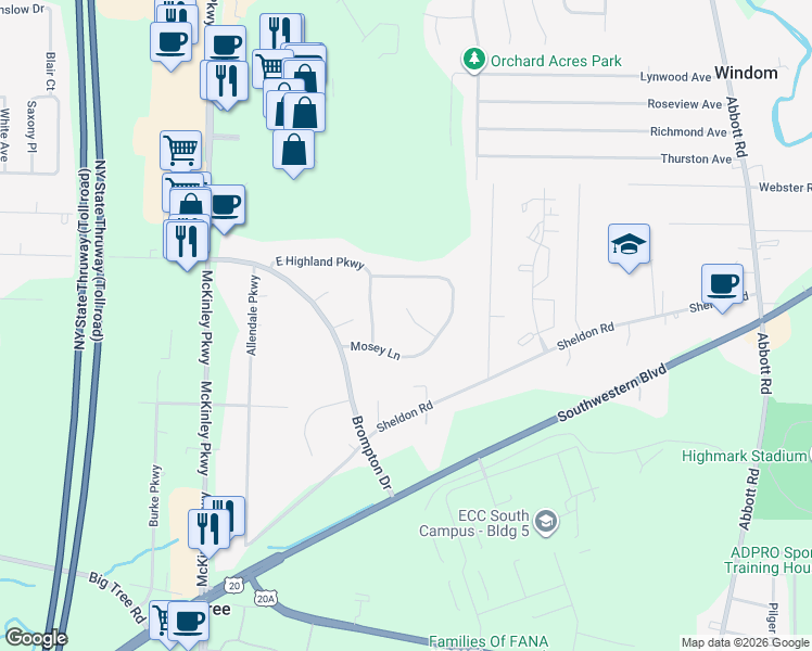 map of restaurants, bars, coffee shops, grocery stores, and more near 3878 Jody Court in Blasdell