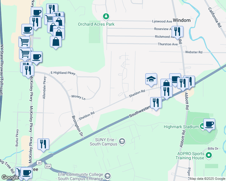 map of restaurants, bars, coffee shops, grocery stores, and more near 3903 Wolf Road in Orchard Park