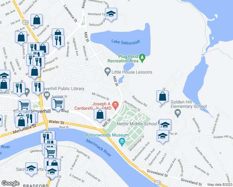 map of restaurants, bars, coffee shops, grocery stores, and more near 5 White Avenue in Haverhill