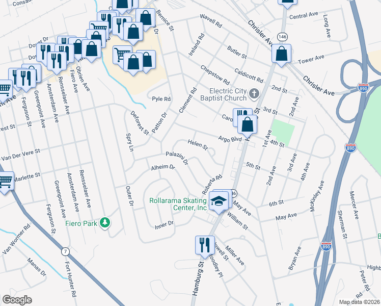 map of restaurants, bars, coffee shops, grocery stores, and more near 1041 Helen Street in Schenectady