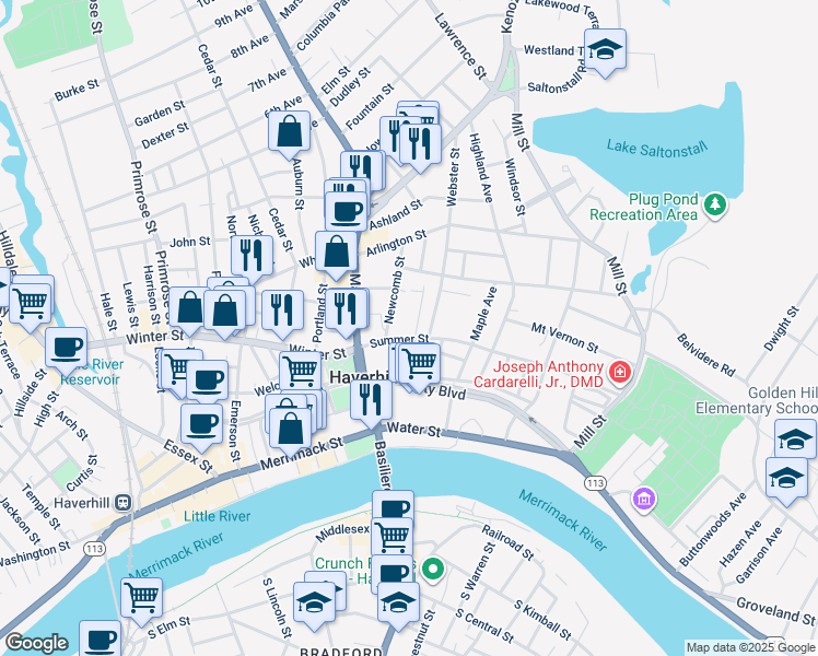 map of restaurants, bars, coffee shops, grocery stores, and more near 17 Newcomb Street in Haverhill
