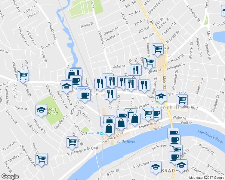 map of restaurants, bars, coffee shops, grocery stores, and more near 30 Primrose Street in Haverhill