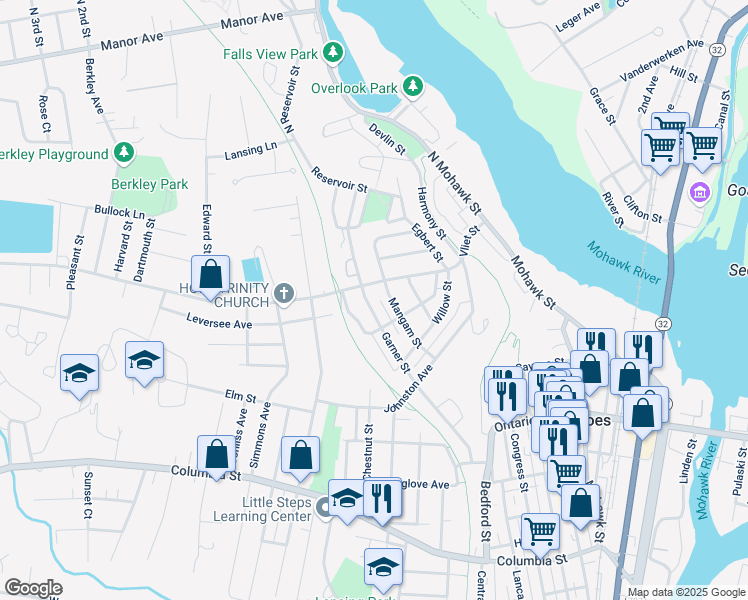 map of restaurants, bars, coffee shops, grocery stores, and more near 60 Vliet Street in Cohoes