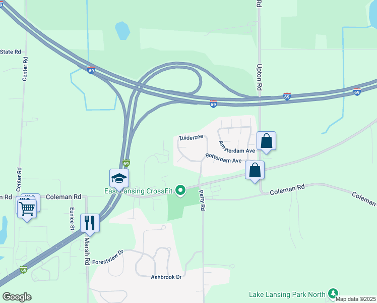 map of restaurants, bars, coffee shops, grocery stores, and more near Holland Court in East Lansing