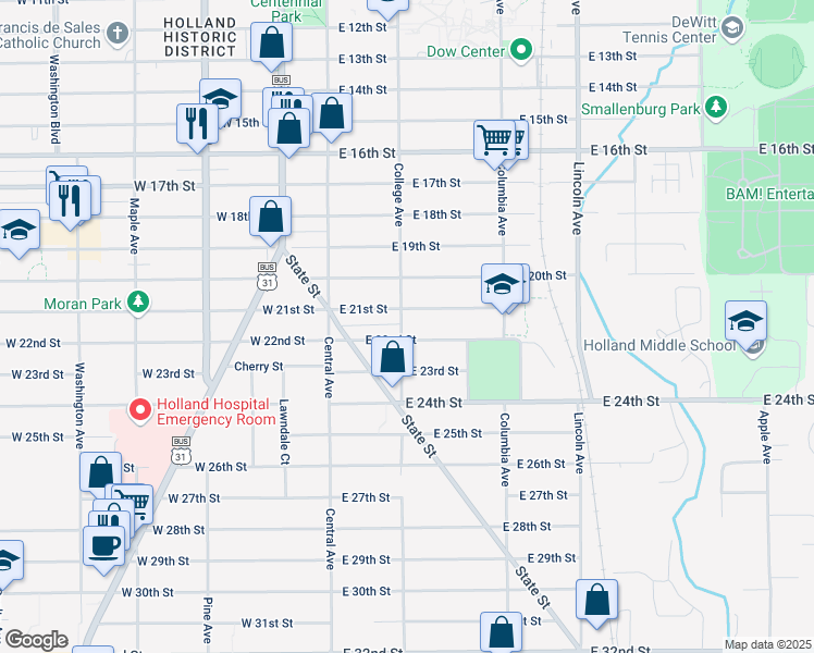 map of restaurants, bars, coffee shops, grocery stores, and more near 60 East 21st Street in Holland