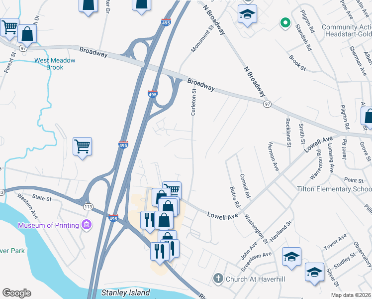 map of restaurants, bars, coffee shops, grocery stores, and more near 88 Carleton Street in Haverhill