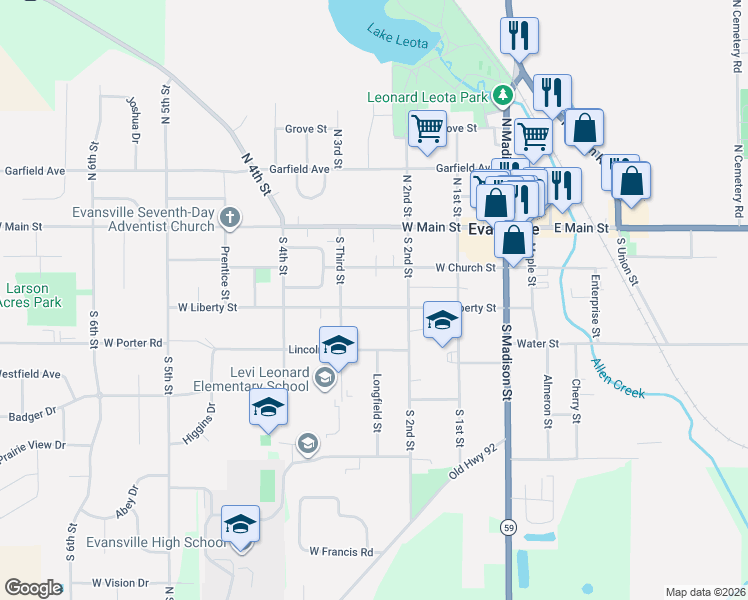 map of restaurants, bars, coffee shops, grocery stores, and more near 251 West Church Street in Evansville