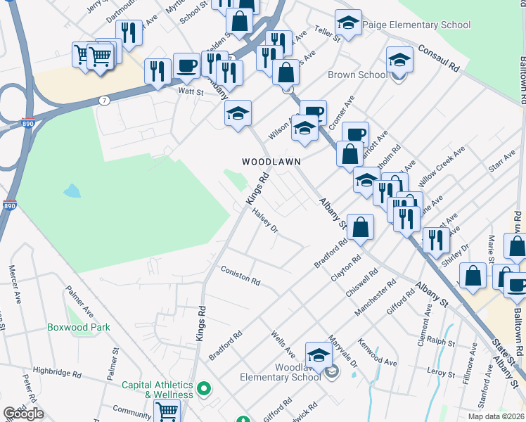 map of restaurants, bars, coffee shops, grocery stores, and more near 206 Kings Road in Schenectady