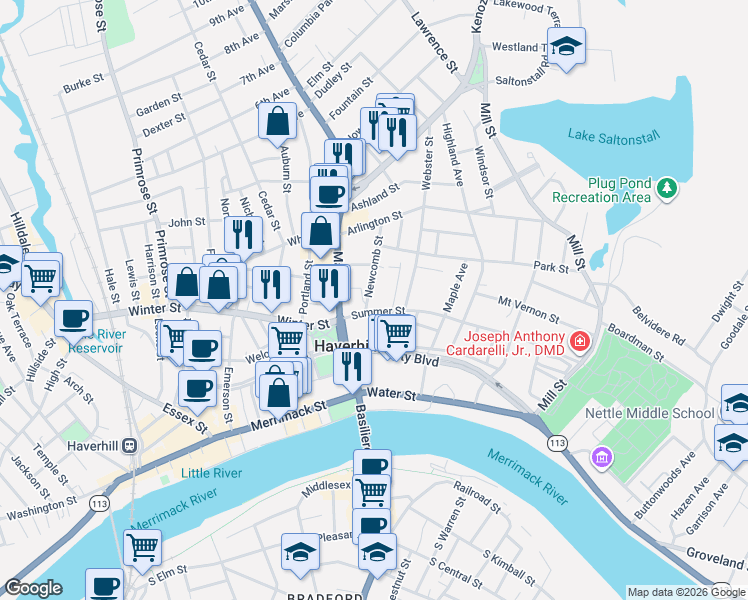 map of restaurants, bars, coffee shops, grocery stores, and more near 24 Summer Street in Haverhill