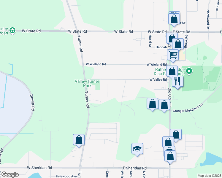 map of restaurants, bars, coffee shops, grocery stores, and more near 1393 West Valley Road in Lansing