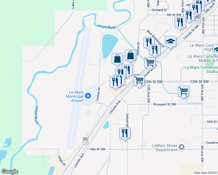 map of restaurants, bars, coffee shops, grocery stores, and more near 1285 Sleepy Eye Dr in Le Mars