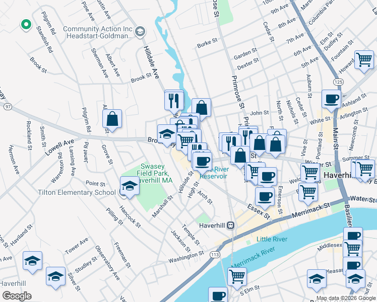 map of restaurants, bars, coffee shops, grocery stores, and more near 1 Granville Court in Haverhill