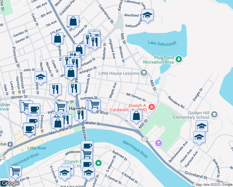 map of restaurants, bars, coffee shops, grocery stores, and more near 10 Highland Avenue in Haverhill