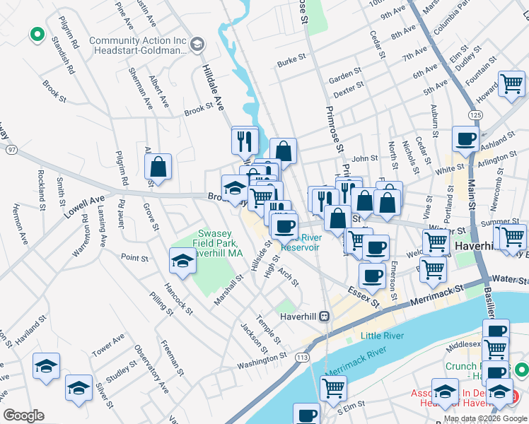 map of restaurants, bars, coffee shops, grocery stores, and more near 1 Granville Court in Haverhill