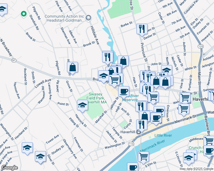 map of restaurants, bars, coffee shops, grocery stores, and more near in Haverhill