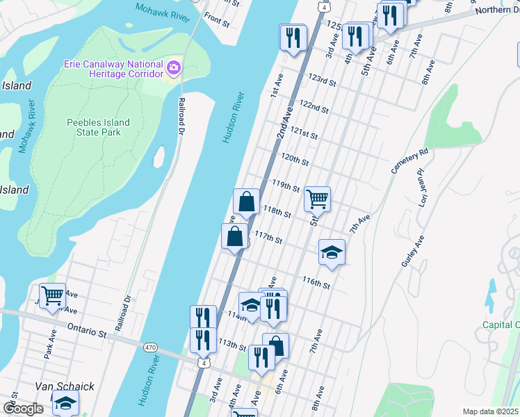 map of restaurants, bars, coffee shops, grocery stores, and more near 665 2nd Avenue in Troy