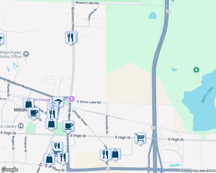 map of restaurants, bars, coffee shops, grocery stores, and more near 124 Sunnyside Drive in Milton