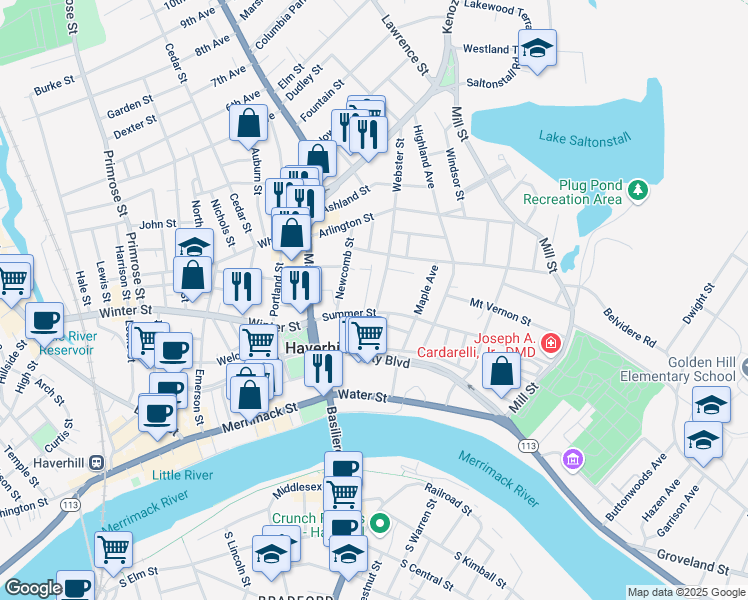 map of restaurants, bars, coffee shops, grocery stores, and more near 4 Webster Street in Haverhill