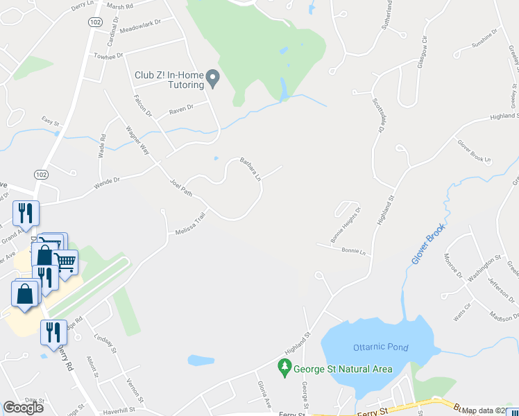 map of restaurants, bars, coffee shops, grocery stores, and more near 104 Barbara Lane in Hudson