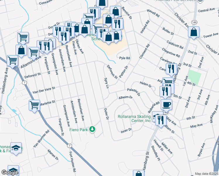 map of restaurants, bars, coffee shops, grocery stores, and more near 2058 Patton Drive in Schenectady