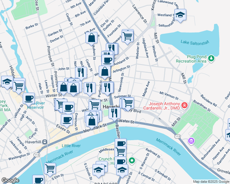 map of restaurants, bars, coffee shops, grocery stores, and more near 4 Summer Street in Haverhill