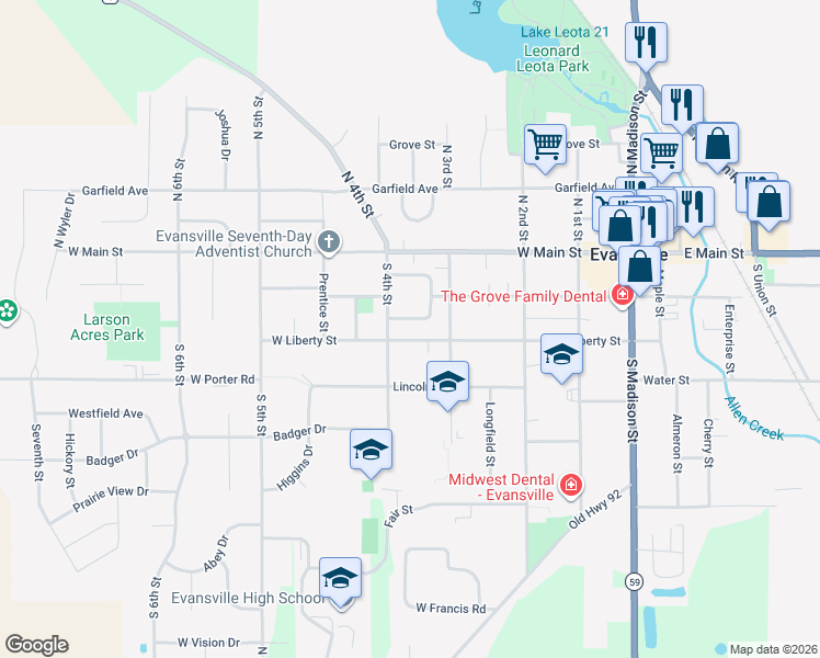 map of restaurants, bars, coffee shops, grocery stores, and more near 113 South 4th Street in Evansville