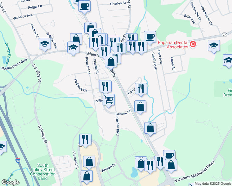 map of restaurants, bars, coffee shops, grocery stores, and more near 65 Central Street in Salem