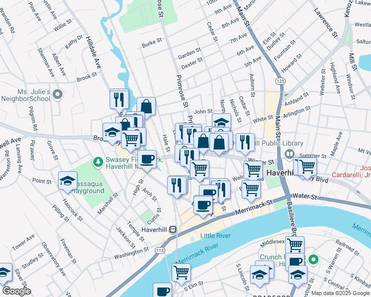 map of restaurants, bars, coffee shops, grocery stores, and more near 215 Winter Street in Haverhill