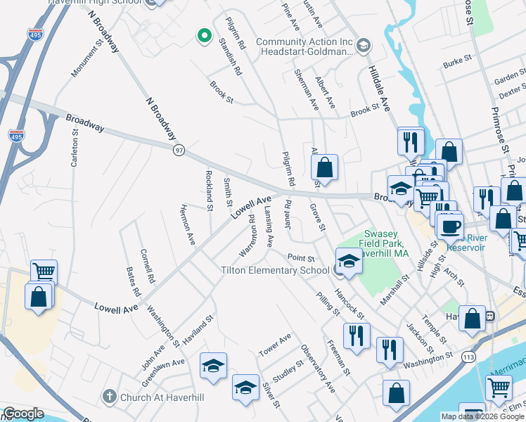 map of restaurants, bars, coffee shops, grocery stores, and more near 8 Lowell Avenue in Haverhill
