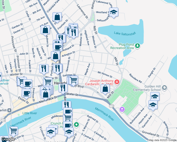 map of restaurants, bars, coffee shops, grocery stores, and more near 10 Highland Avenue in Haverhill